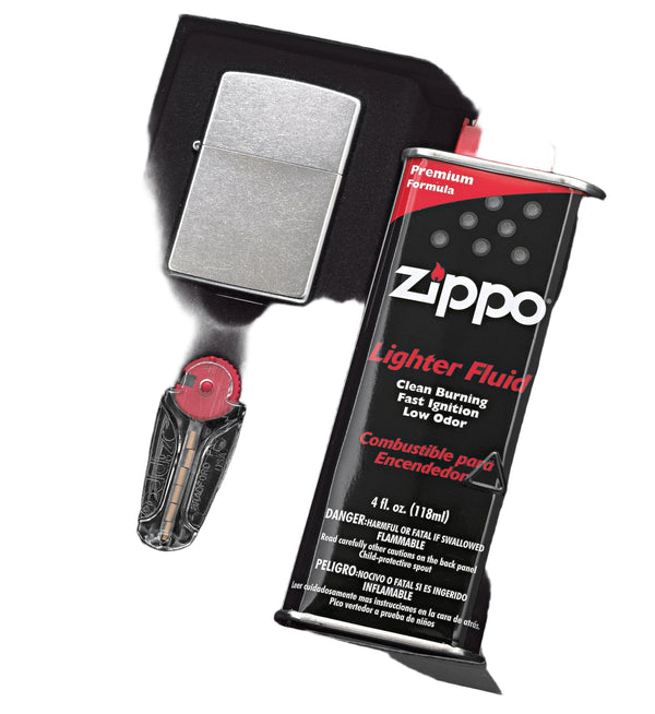 Zippo satin chrome lighter with fluid and flints