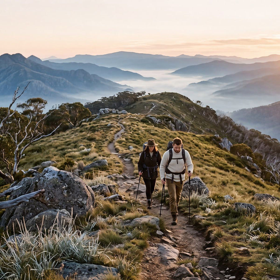 A walker on a frosty track through snow gums above mist-filled valleys at sunrise