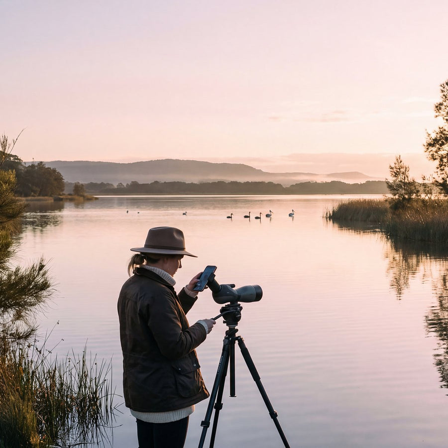 A photographer with a spotting scope on a tripod above misty Blue Mountains valleys at sunrise