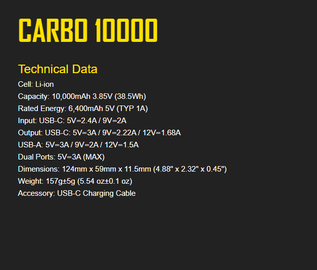 Nitecore CARBO10000 Lightweight Carbon Fibre 10000mAh Power Bank