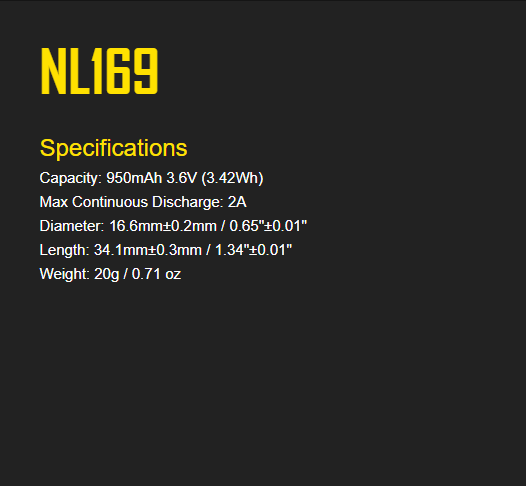 Nitecore NL169 16340 High Performance Li-ion Rechargeable Battery