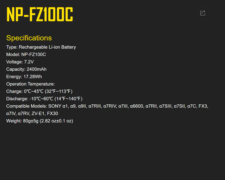 Nitecore NP-FZ100C Battery Pack for Sony NP-FZ100C, 2400mAh