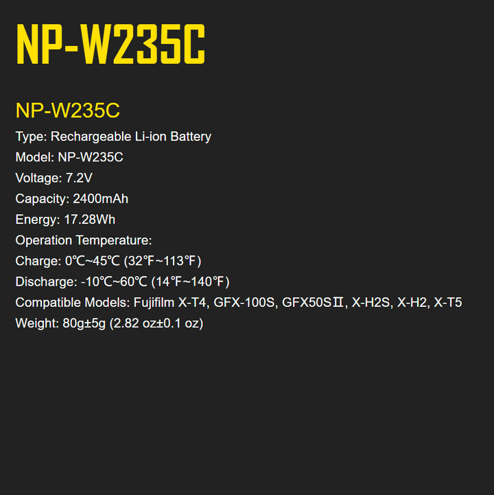 Nitecore NP-W235C Battery Pack for Fujifilm NP-W235