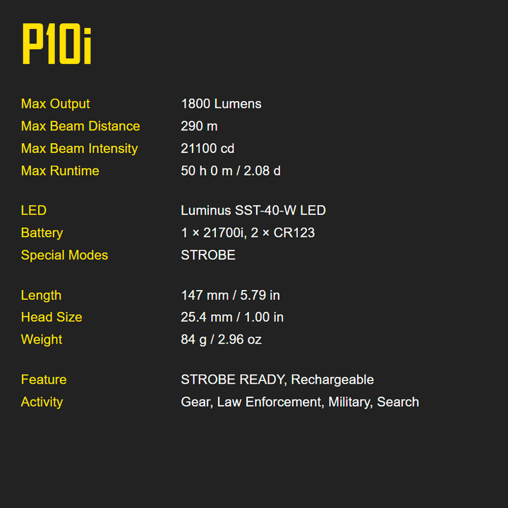 Nitecore P10i i-Generation 21700 Ultra Compact Tactical Flashlight