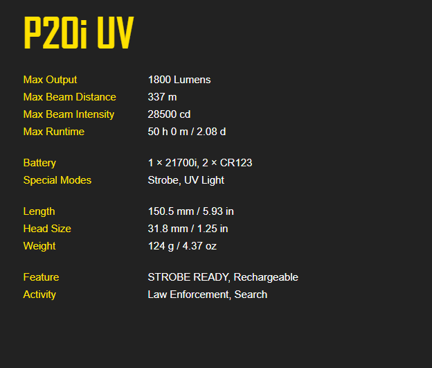 Nitecore P20i UV i-Generation 21700 White + UV Dual Output Flashlight