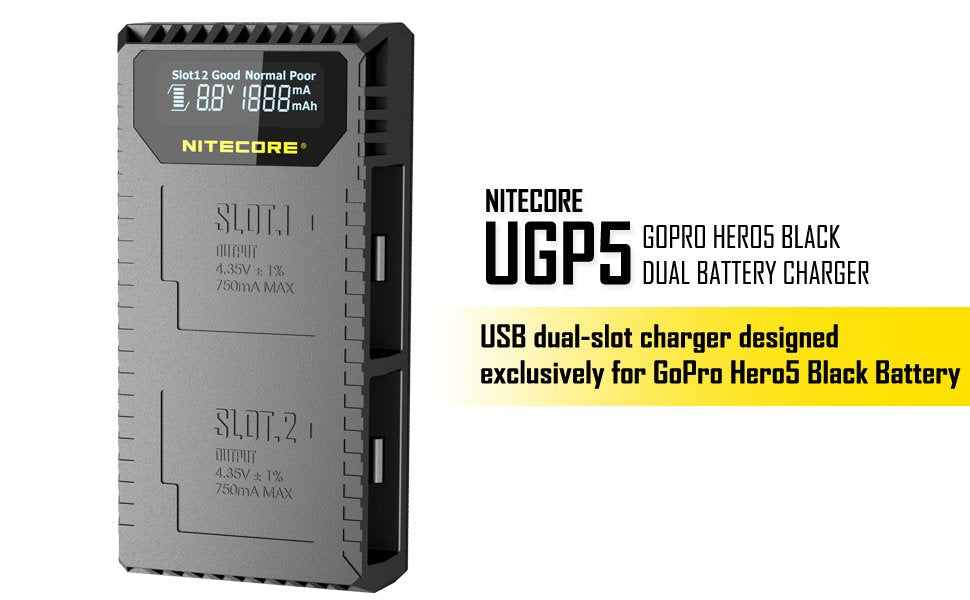 Nitecore UGP5 Intelligent Dual Slot USB Charger for GoPro Hero 5 Batteries