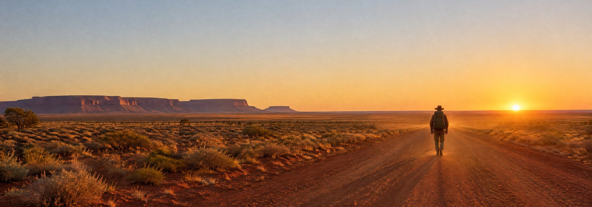 A lone walker on a red dirt road toward a flat-topped mesa at sunrise in outback Australia
