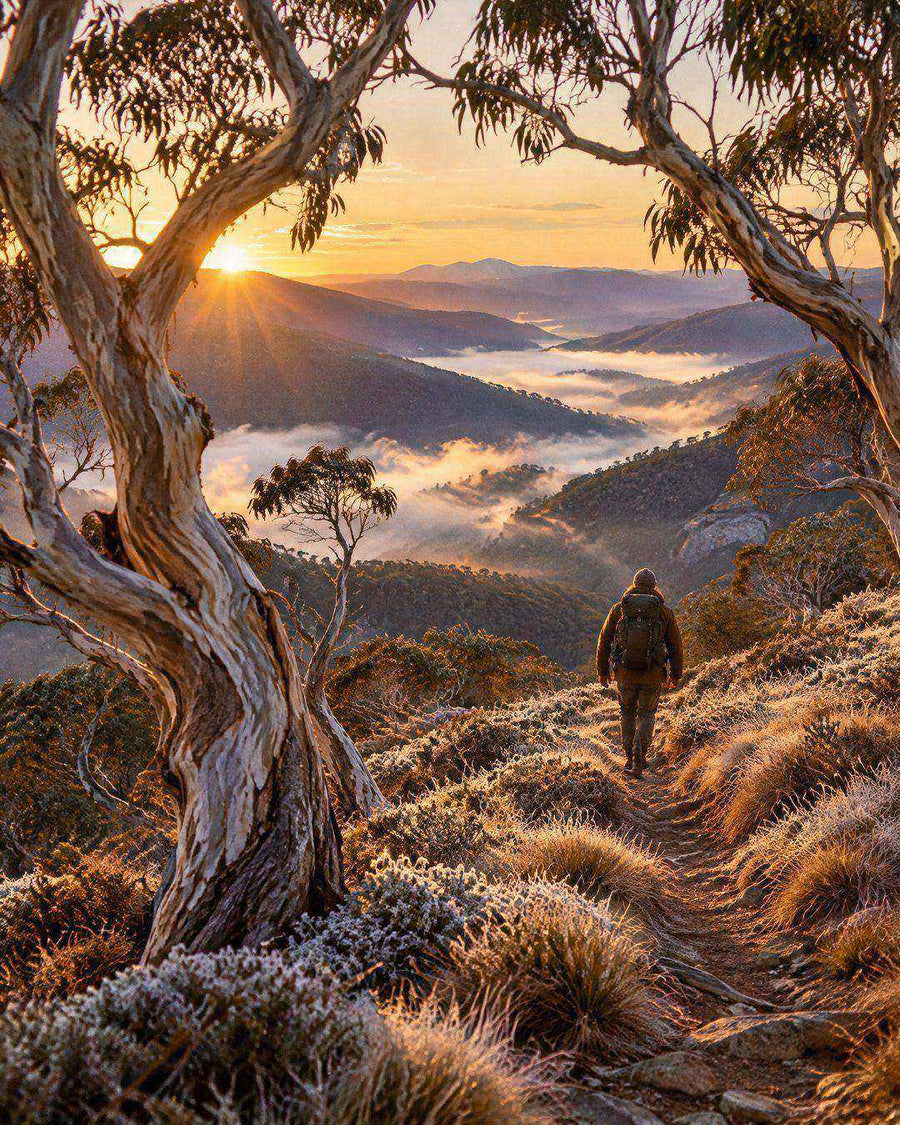 A walker on a frosty track through snow gums above mist-filled valleys at sunrise