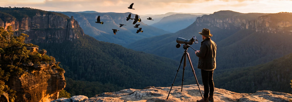 A photographer with a spotting scope on a tripod above misty Blue Mountains valleys at sunrise