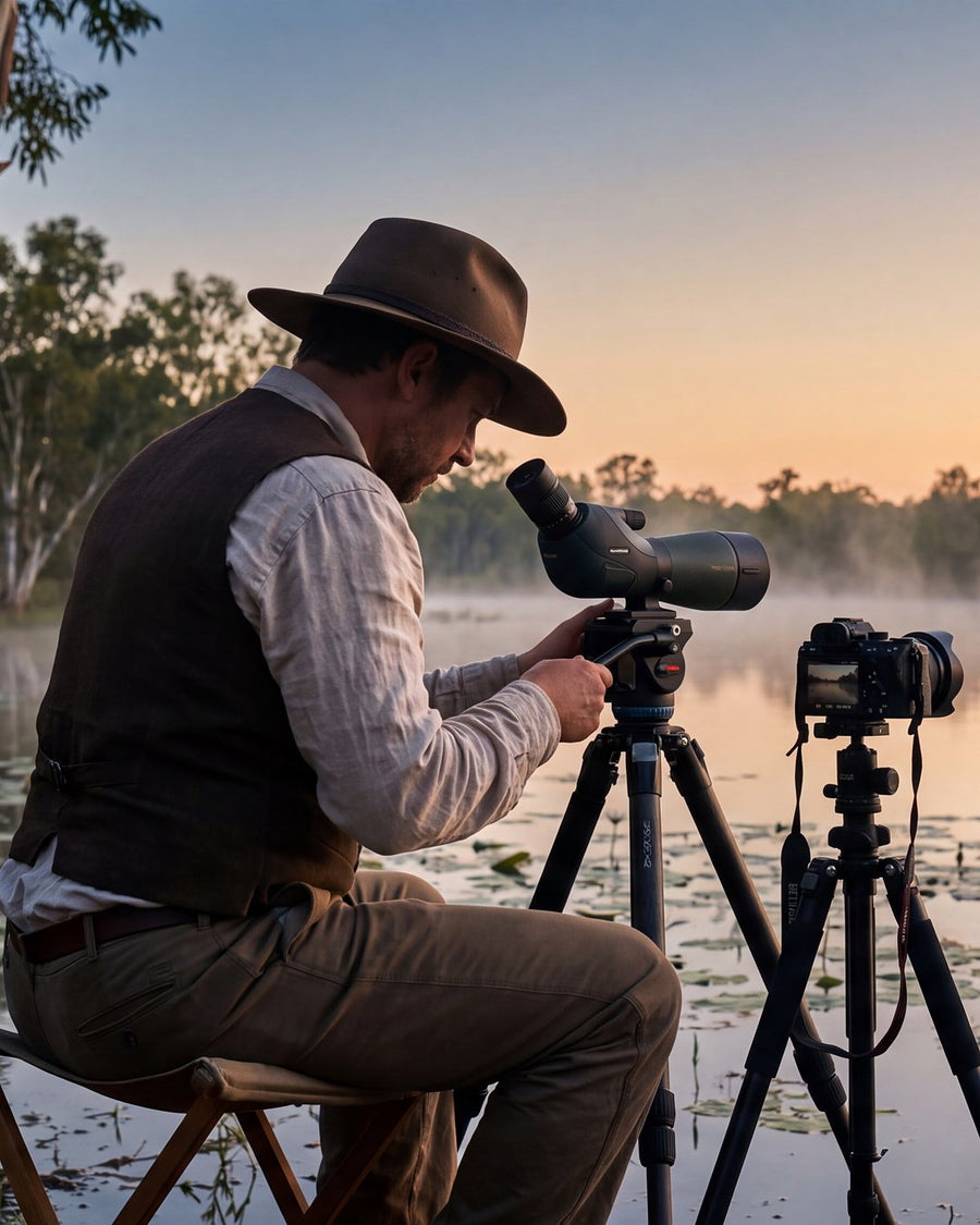 A photographer with a spotting scope on a tripod above misty Blue Mountains valleys at sunrise
