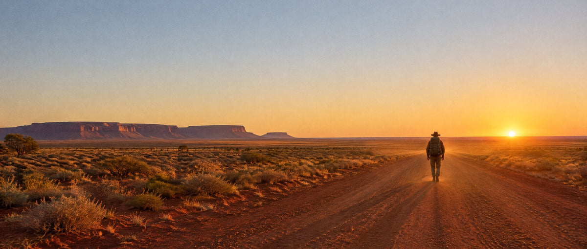 A lone walker on a red dirt road toward a flat-topped mesa at sunrise in outback Australia
